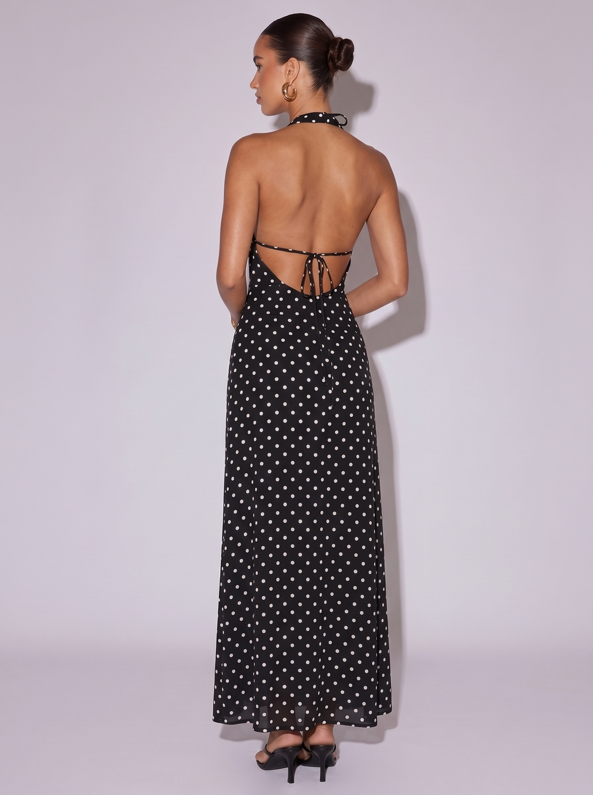 London Polka Dot Halter Neck Dress in Black — back view
