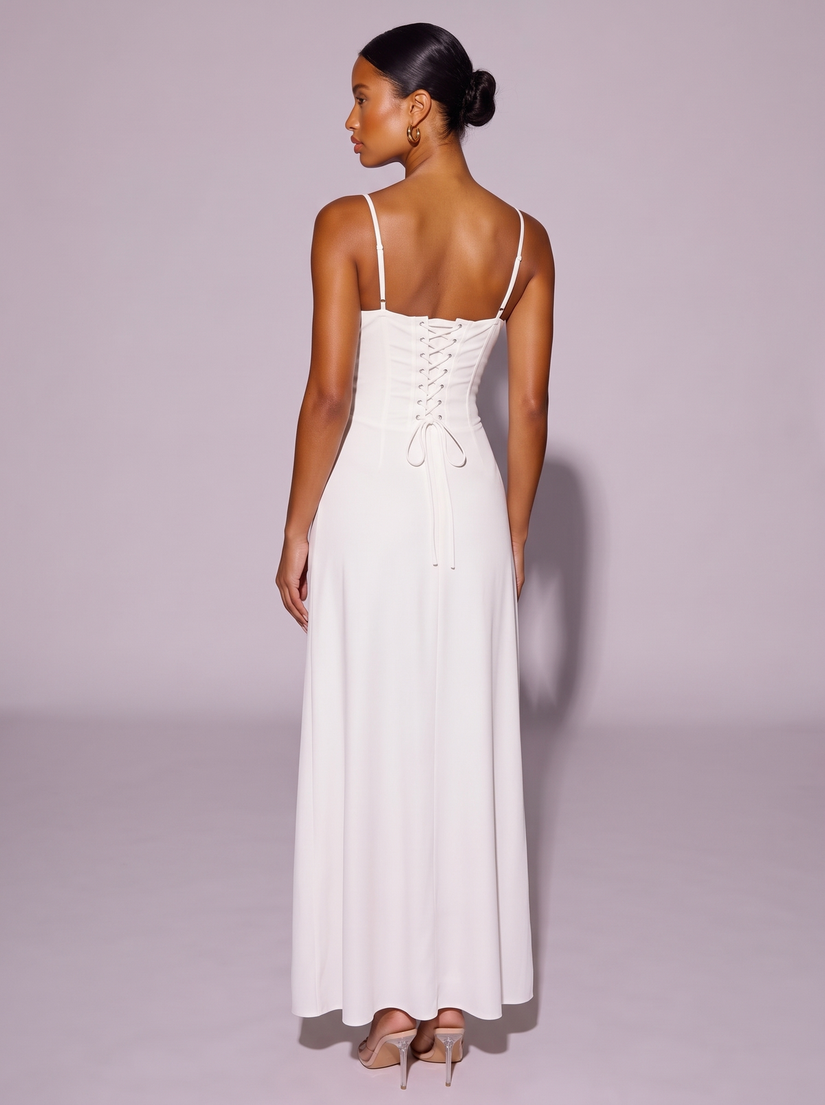 Rome Lace-Up Solid Cami Dress in White — back view
