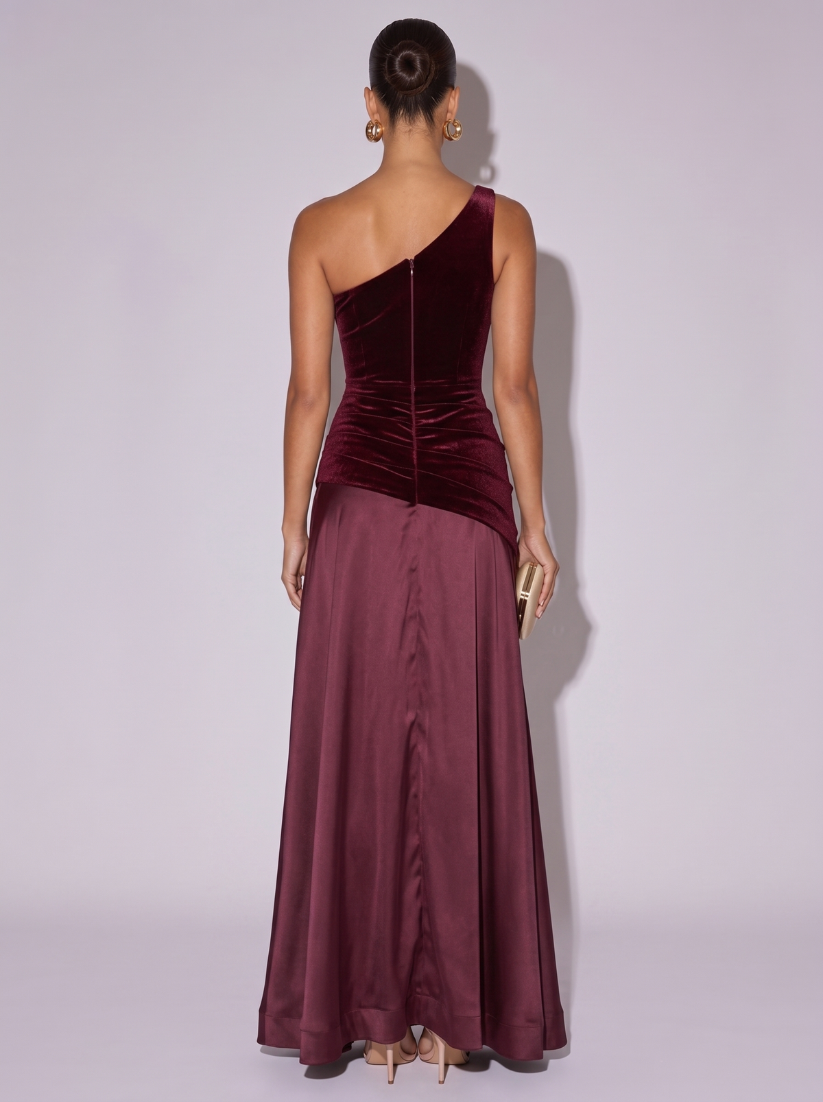 Monaco Single Shoulder Floor Length Dress in Wine Red — back view
