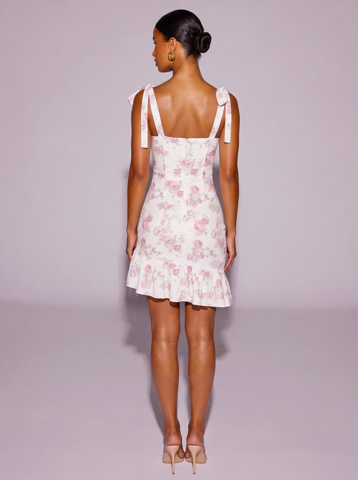 Paris Ruffled Hem Floral Tie-Strap Dress in Blush Pink — back view