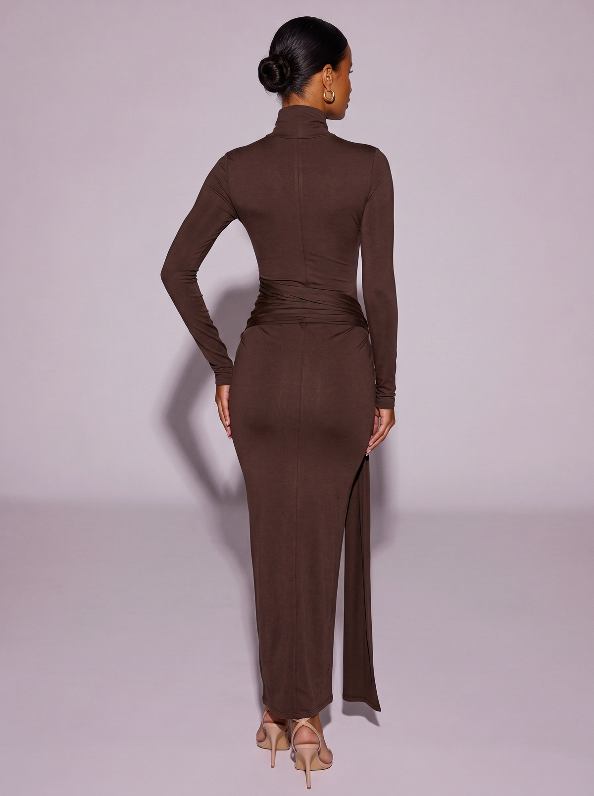 New York Turtleneck Long Sleeve Tie Waist Dress in Coffee Brown — back view