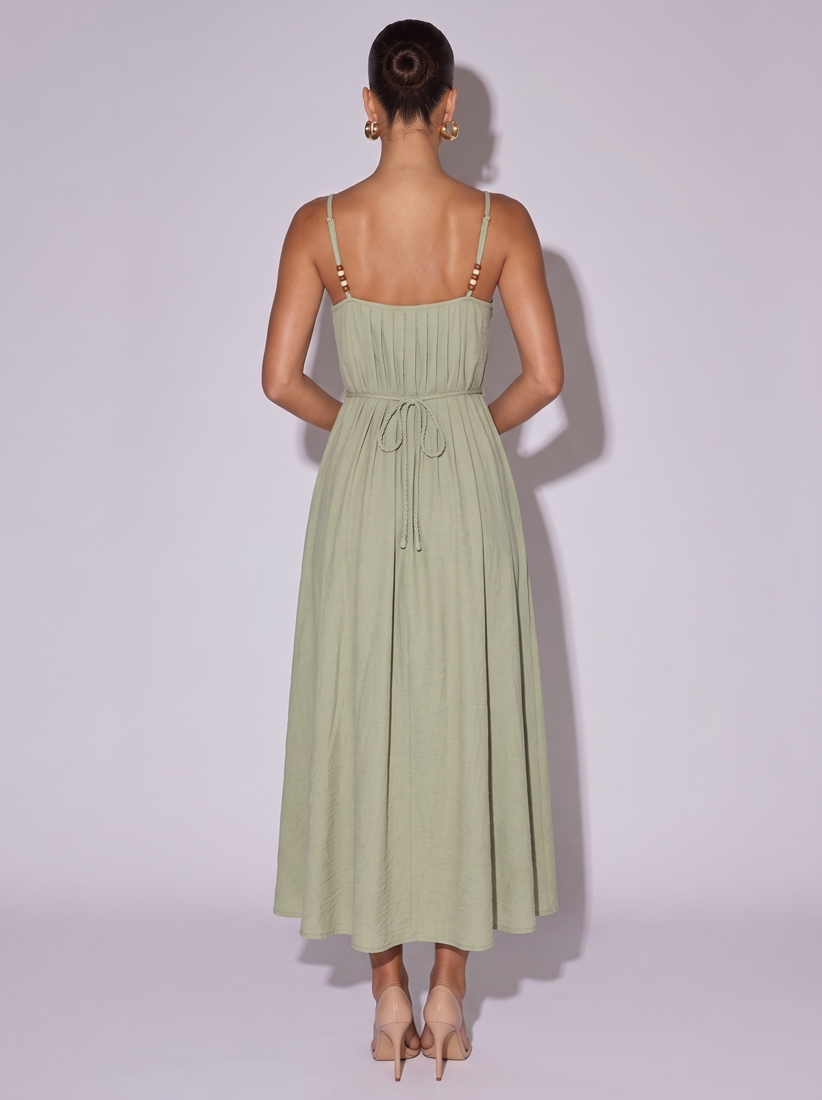 Ibiza Pleated Adjustable Strap Dress in Sage — back view