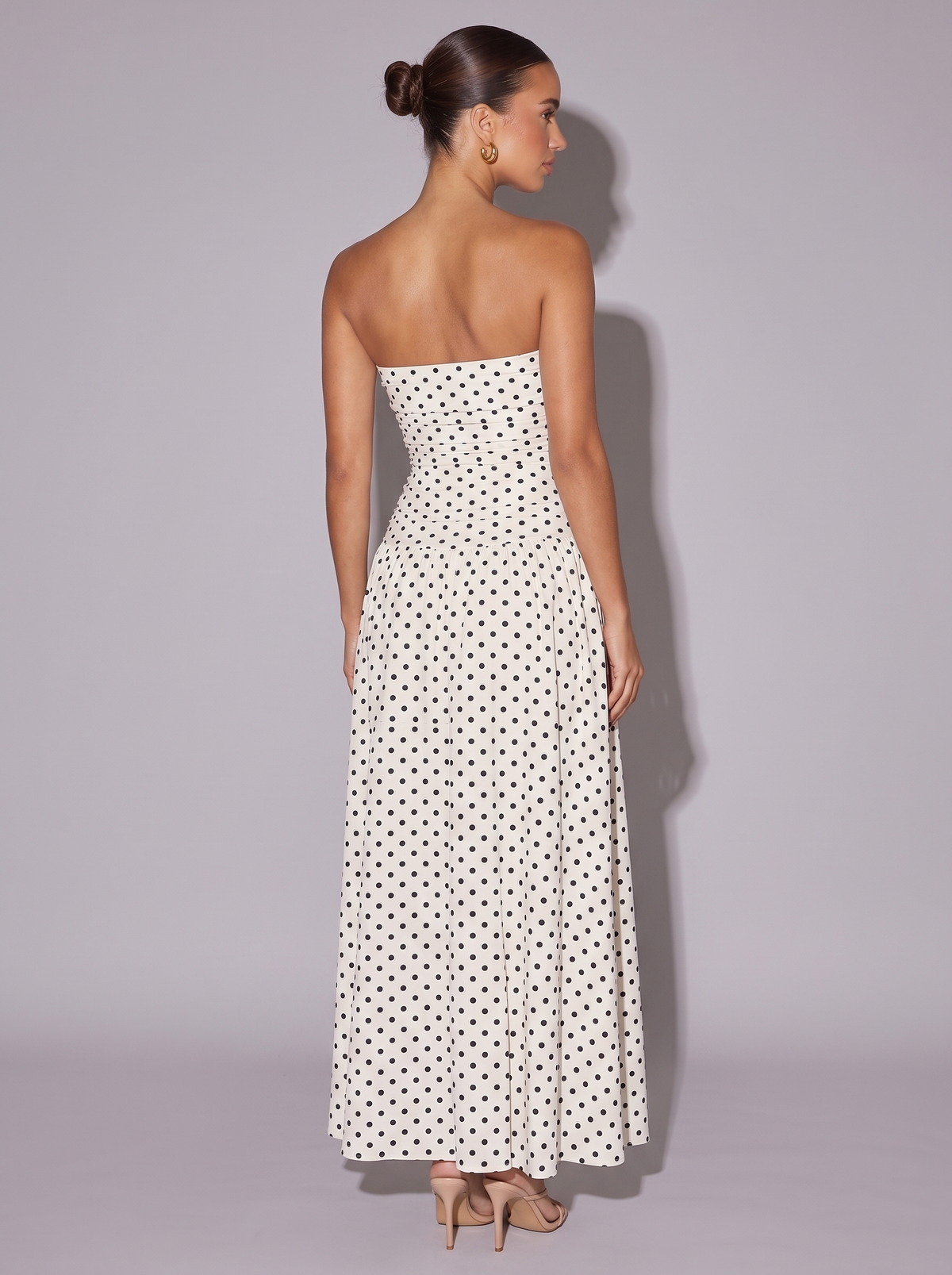 Monaco Polka Dot Ruched Strapless Dress in White — back view