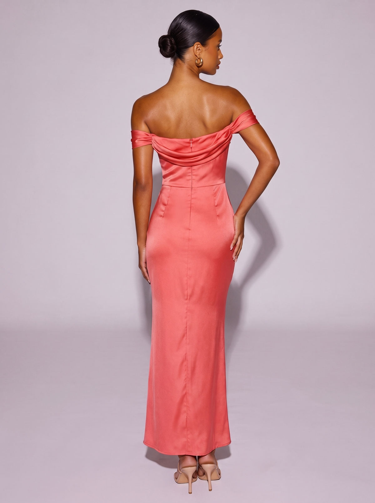 Los Angeles Off-Shoulder Satin Dress in Watermelon Red — back view