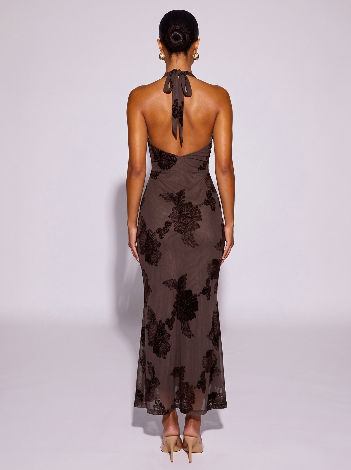 Monaco Lace Halter Neck Dress in Brown