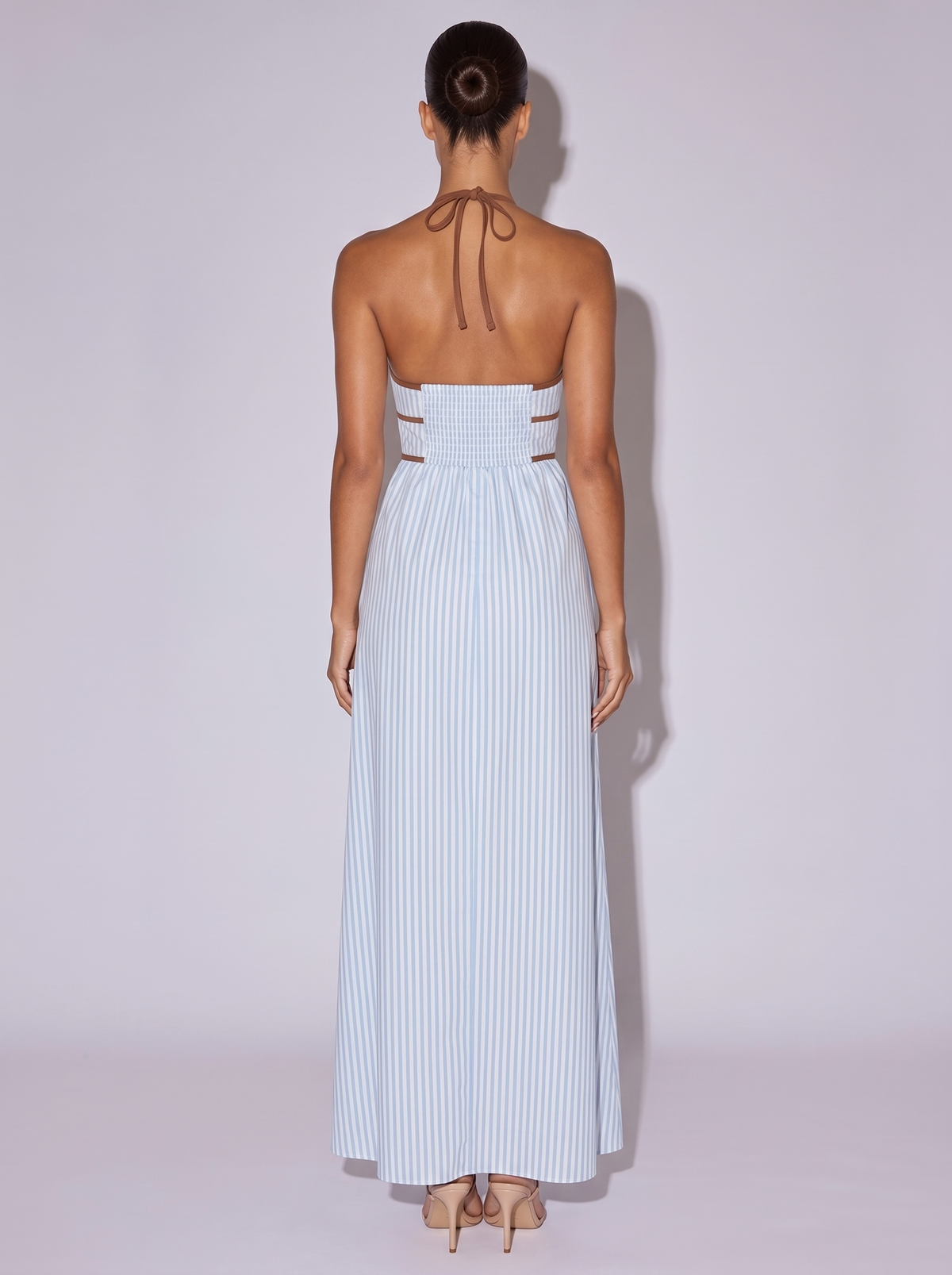 Santorini Smocked Striped Halter Neck Dress in Light Blue — back view
