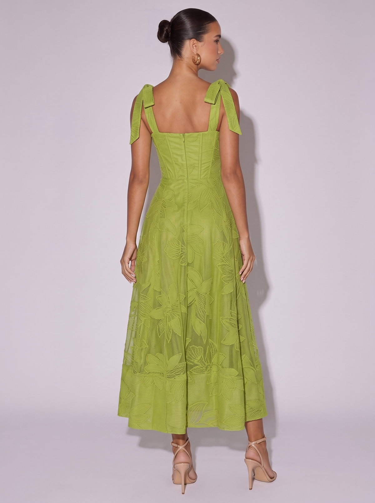Amsterdam Sweetheart Neck Tie-Strap Dress in Green — back view