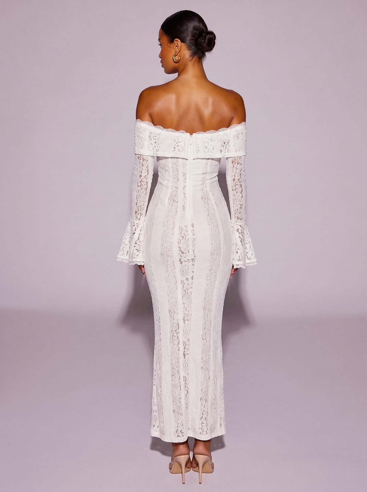 Monaco Lace Off-Shoulder Flounce Sleeve Dress in White