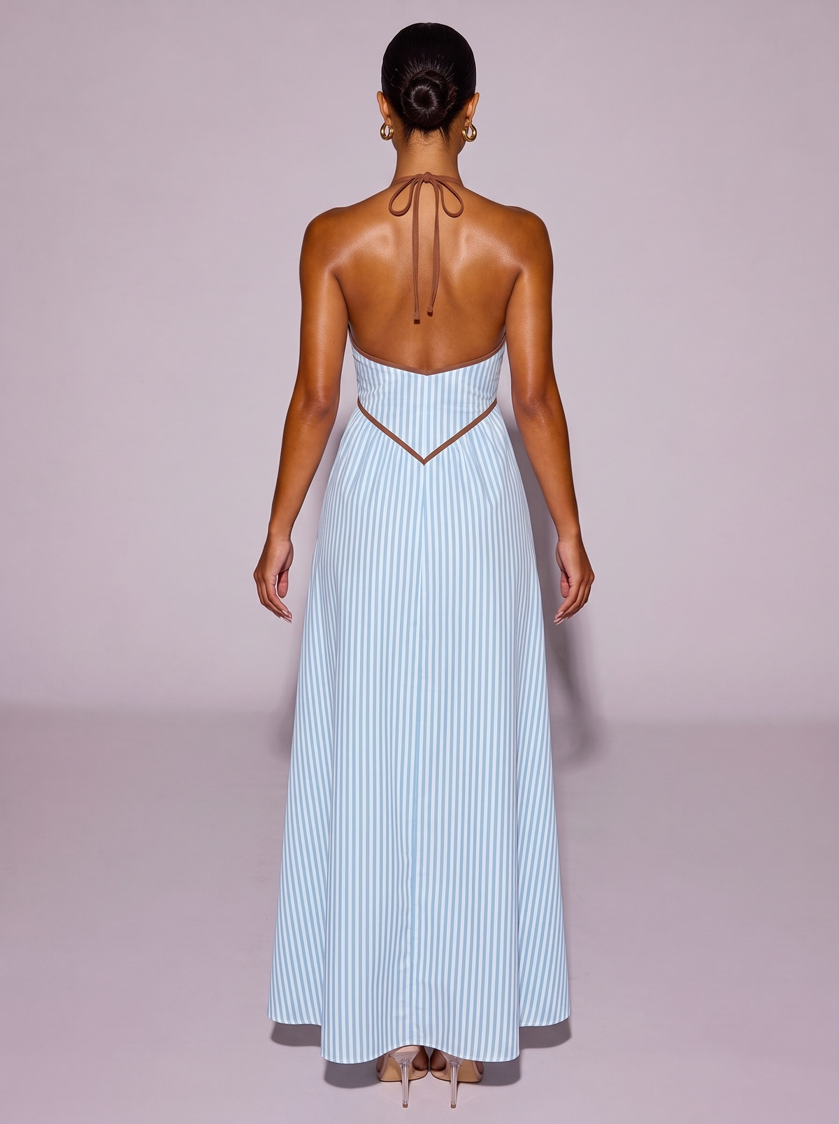 Santorini Tied Cotton-Blend Striped Halter Neck Dress in Blue — back view