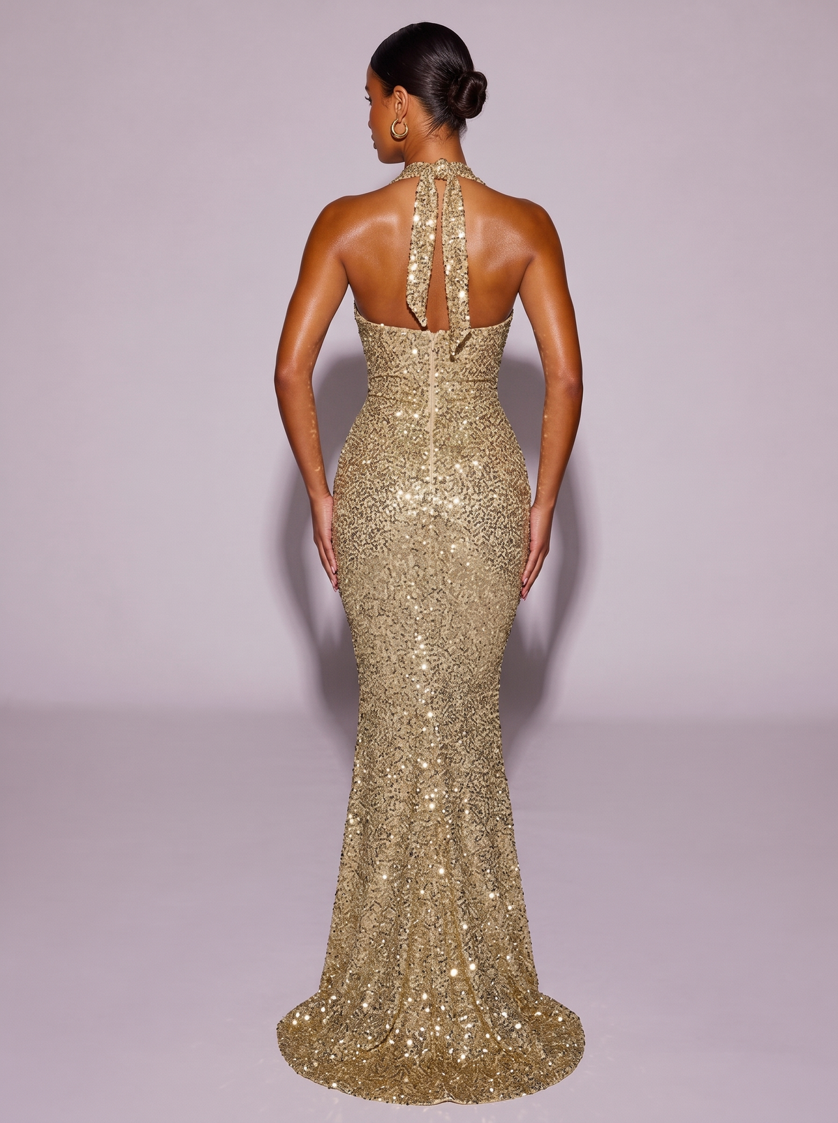 Monaco Sequin Halter Neck Mermaid Dress in Gold