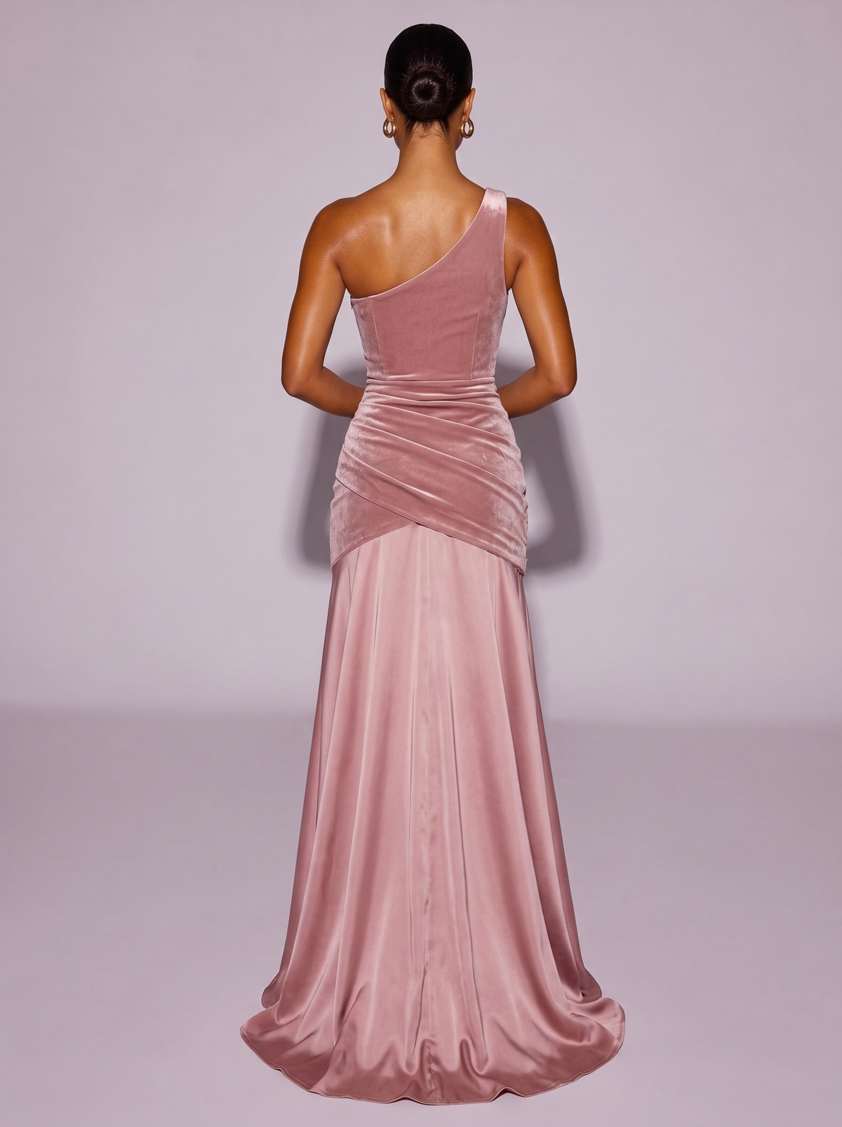 Monaco Velvet One-Shoulder Mermaid Dress in Dusty Pink — back view