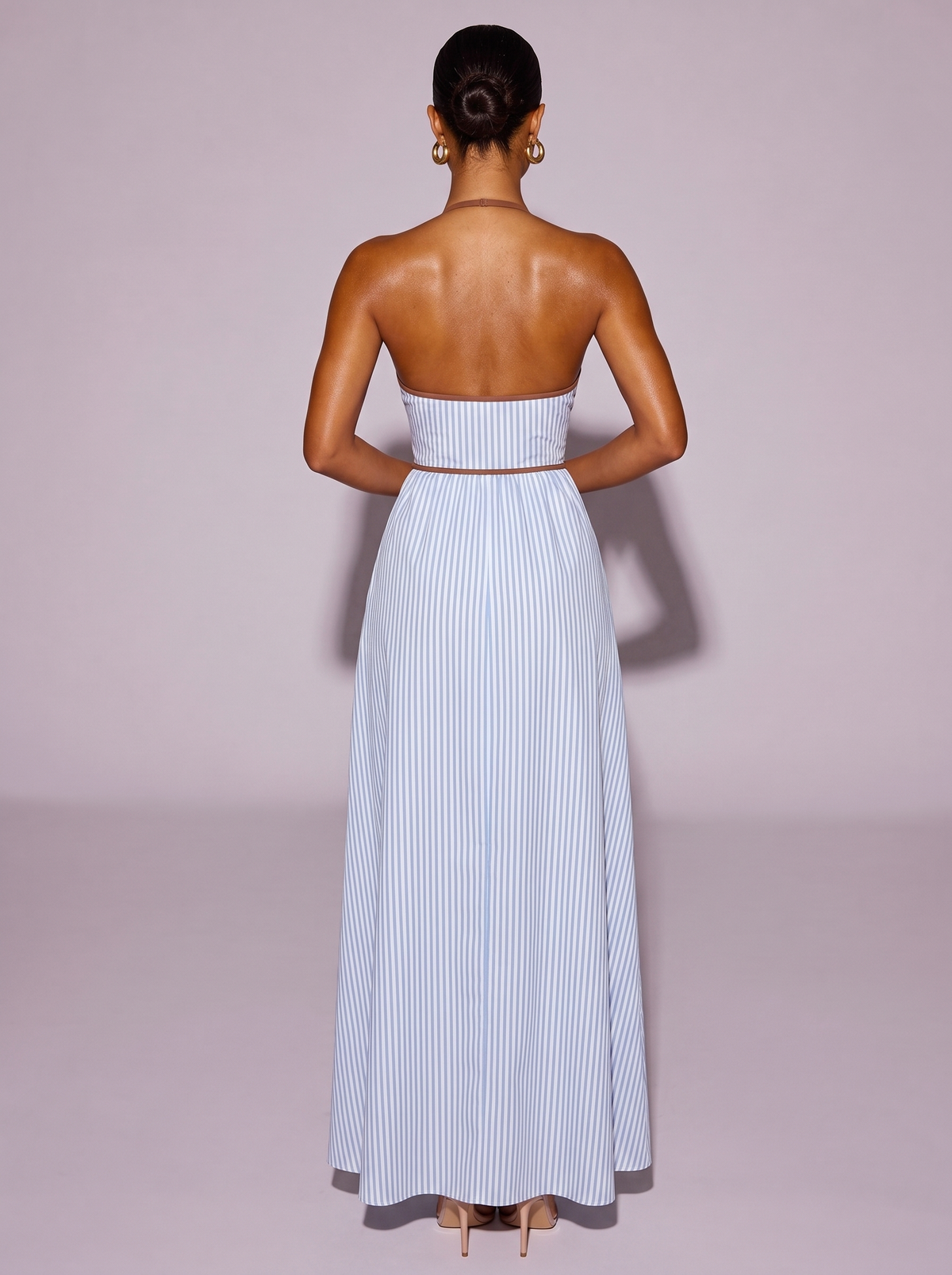 Santorini Tied Striped Halter Neck Dress in Light Blue — back view