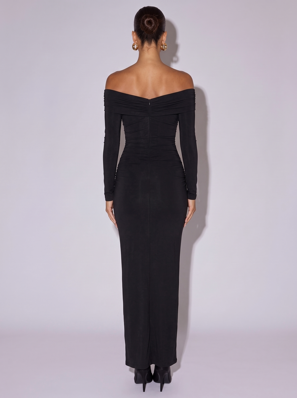 Miami Off-Shoulder Ruched Dress in Black — back view