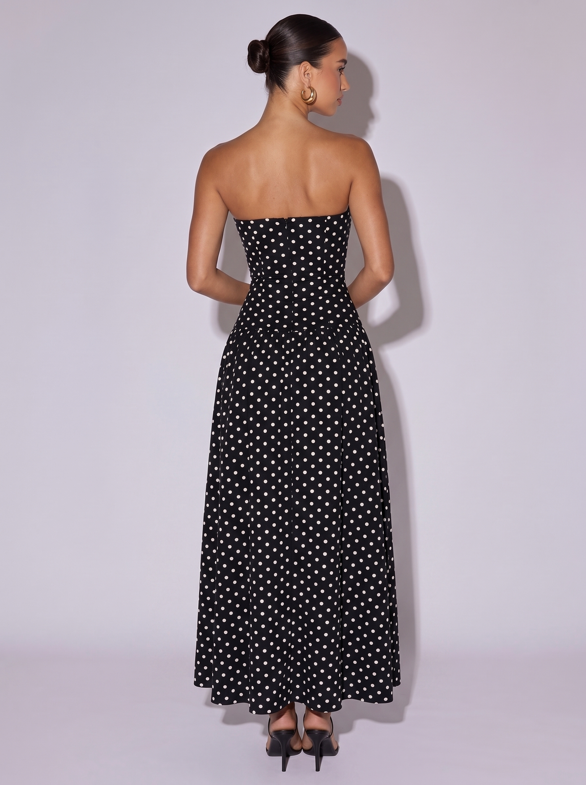 Paris Polka Dot Strapless Dress in Black — back view