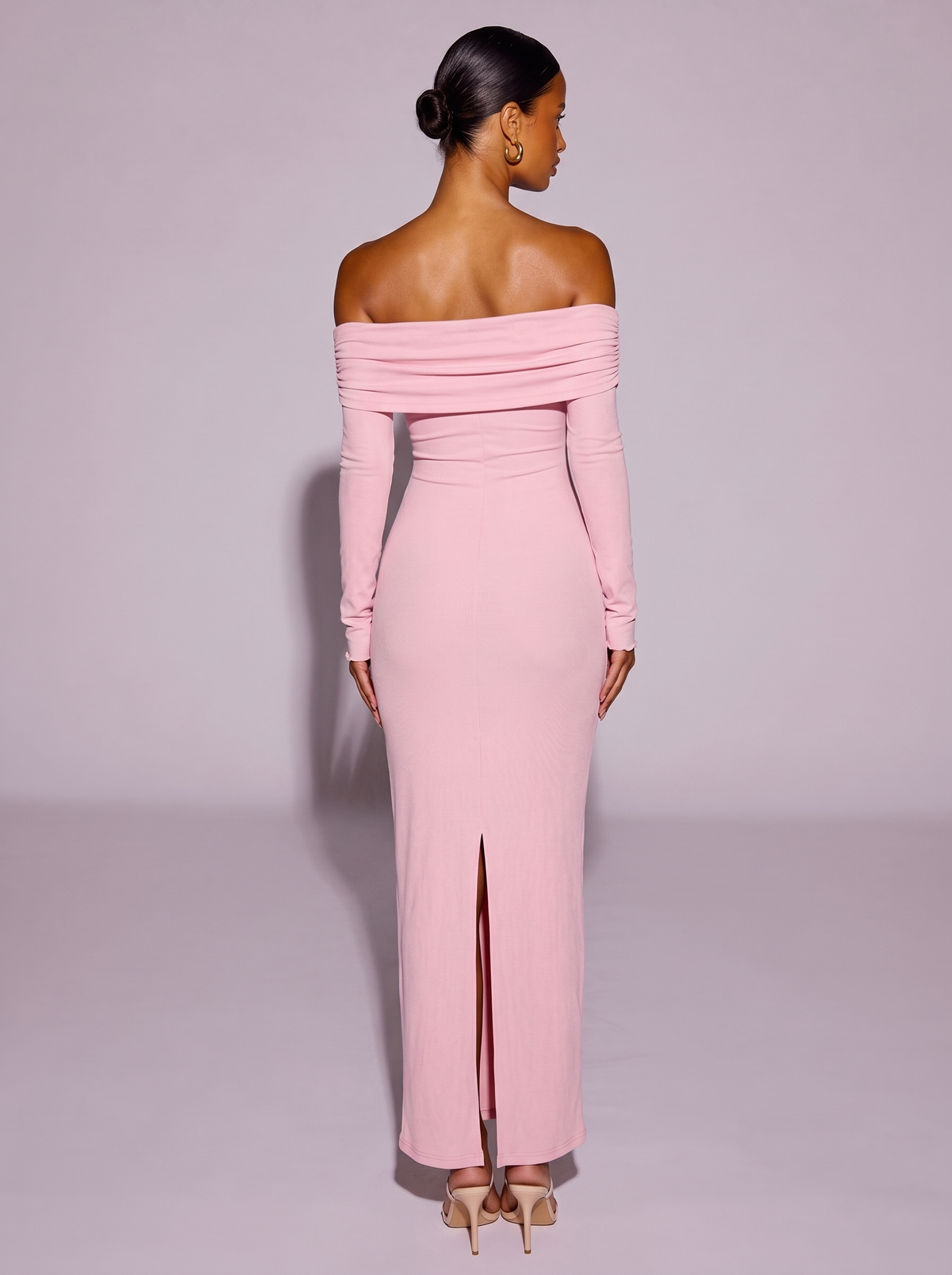 Santorini Off-Shoulder Ruched Long Sleeve Dress in Pink — back view