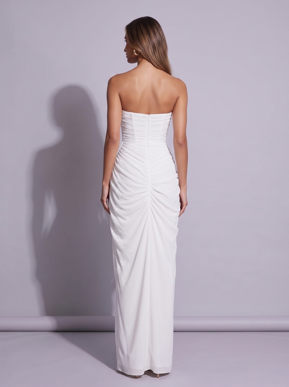 New York Strapless Ruched Slit Gown — white — back